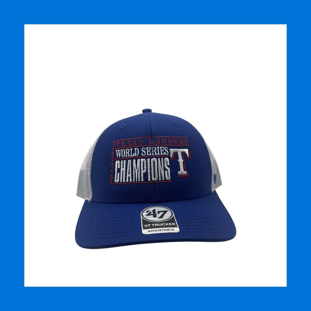 47 Brand Texas Rangers 2023 World Series Champions Trucker Hat Mens Blue White
